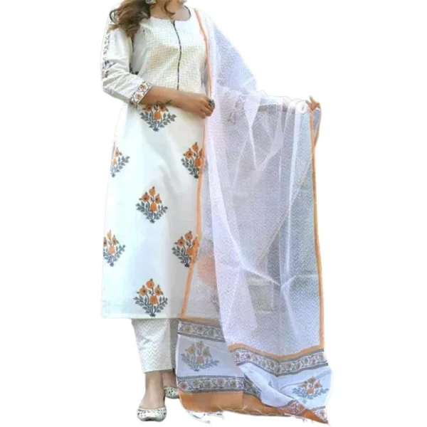 New Unstitched High-Quality Cotton Block Print Three-Piece Set - Elegant and Comfortable All-Season Wear - 3 Piece Dress
